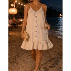 As U Wish Linen Blend Mini Dress L Boho Coastal Feminine Neutral